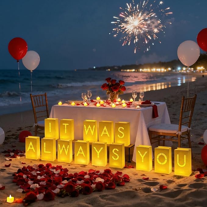 Valentines Day Decorations - It was Always You Light Up Letters Luminary Bags, Romantic Decorations Special Night with Bright LED Candles and Fake Rose Petals, Engagement Party & Proposal Decor kit