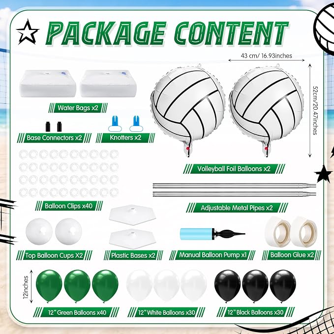 Kasyat 2 Sets Volleyball Balloon Column Stand Kit Green Black White Volleyball Sports Balloons Adjustable Balloon Arch Stands for Senior Night Decorations Birthday Supplies