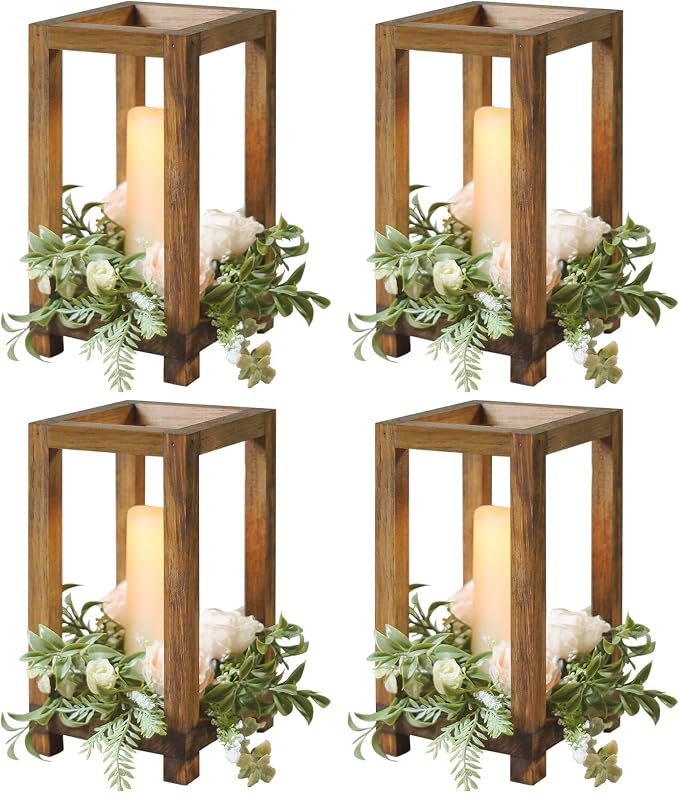 4 Pcs Wooden Lanterns Wedding Centerpiece for Tables, Farmhouse Candle Lantern, Perfect Centerpiece Table Decorations, Candle Holder Decorative for Wedding Party, Table Valentine Decor