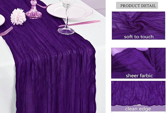 MDS Pack of 25 Cheesecloth Table Runner 35x120 Inch, 10FT Long Gauze Cheese Cloth Table Runner for Wedding Party Birthday Bridal Shower Farmhouse Garden Boho Rustic Table Decoration - Purple