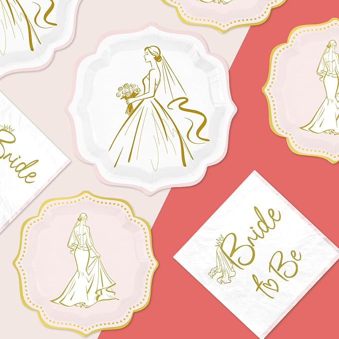 200Pcs Bridal Shower Party Decorations Bride To Be Plates and Napkins White Pink Gold Scalloped Disposable Tableware Set for Wedding Engagement Bachelorette Party Supplies Serves 50