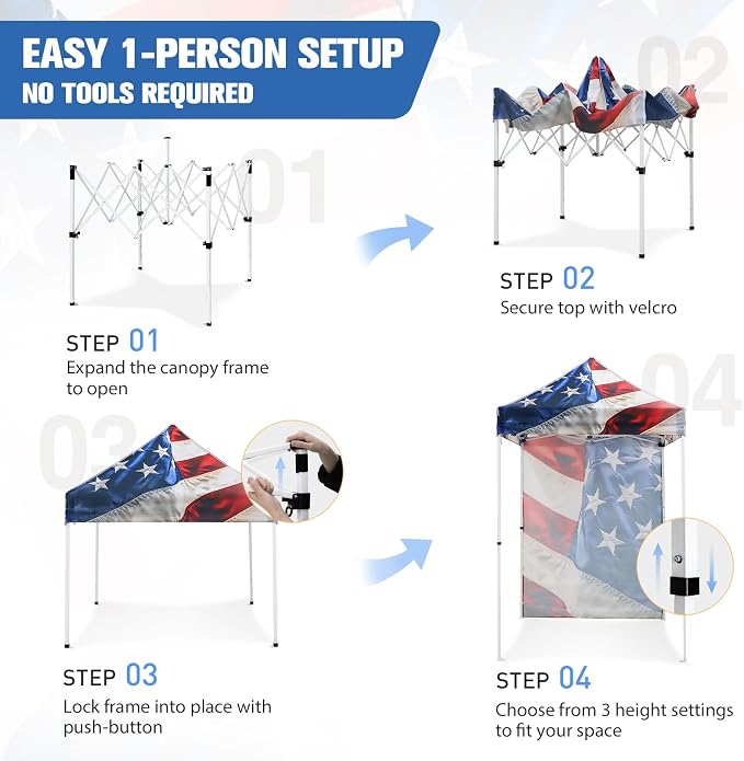 EAGLE PEAK Pop up Canopy 5x5, Outdoor Portable Canopy Tent with One Removable Sunwall, Carry Bag Included, Stars and Stripes