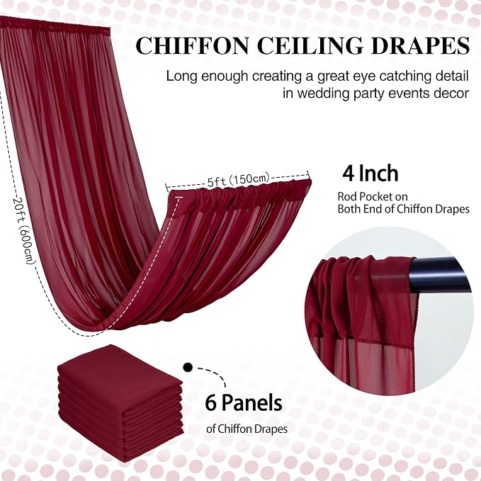 DUOBAO Burgundy 5x20ft Chiffon Ceiling Drapes 6pc Elegant Sheer Wedding Backdrop Curtains Ideal for Tent, Banquet Hall, and Photography
