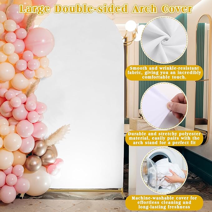 Arch Backdrop Stand and Cover Set| 7.2ft Wedding Metal Arch Stand with Spandex Fitted Backdrop Cover|Gold Balloon Arched Frame White Arch Cover for Birthday Party Baby Shower Graduation Ceremony Décor