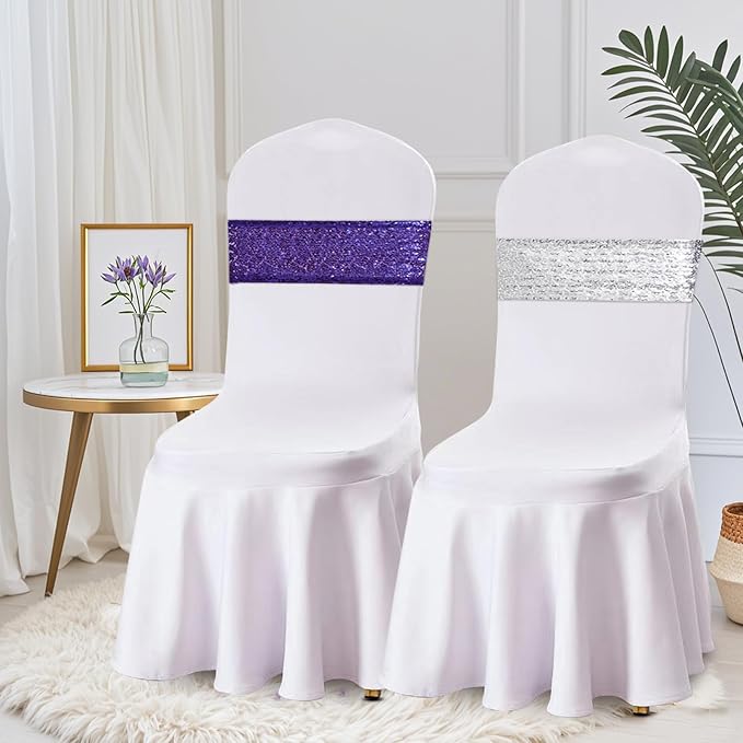 Eternal Beauty Pack of 30 Purple Sequin Bands Bows Chair Sashes for Wedding Chair Cover Decorations