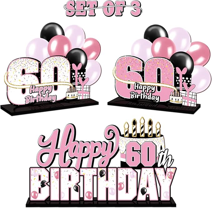 LINGTEER Happy 60th Birthday Pink Acrylic Table Topper Centerpieces Set - Cheers to 60 Years Old Birthday Sixty Bday Party Gift Decorations.
