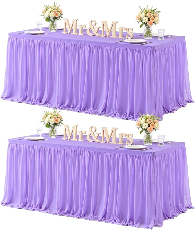 Purple Table Cloth Spandex Table Covers 8ft Fitted Tulle Tablecloth Rectangular Desk Skirt Stretch Lavender Lilac Table Cloths Covers Party Banquet Birthday Baby Shower Wedding Table Cloth, 2 Pack