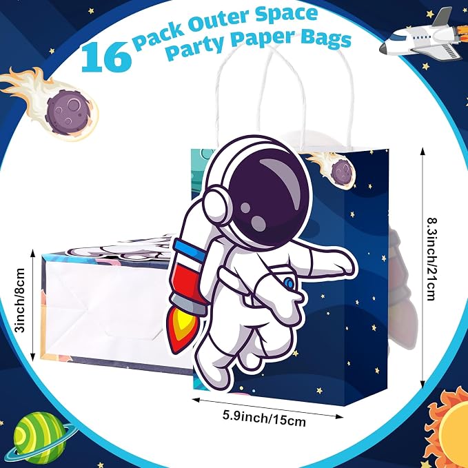MotiMind 16 Pcs Outer Space Party Favor Bags with Handles Astronaut Gift Bags for Galaxy Space Theme Party Supplies