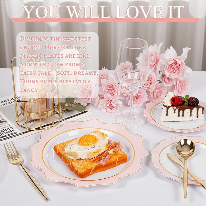 WDF 100PCS Pink Plastic Plates - Heavy Duty Pink and Gold Disposable Plates - Include 50 Dinner Plate and 50 Cake Plastic Plate for Baby Shower/Wedding/Spring/Bridal Shower/Tea Party/Mother's Day