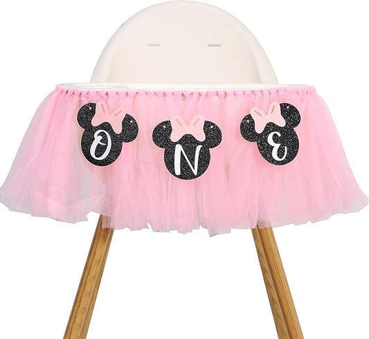 Mouse One High Chair Banner - First/1st Decorations,Mouse First Highchair Banner,One Garland Banner For 1st Birthday Party (pink)