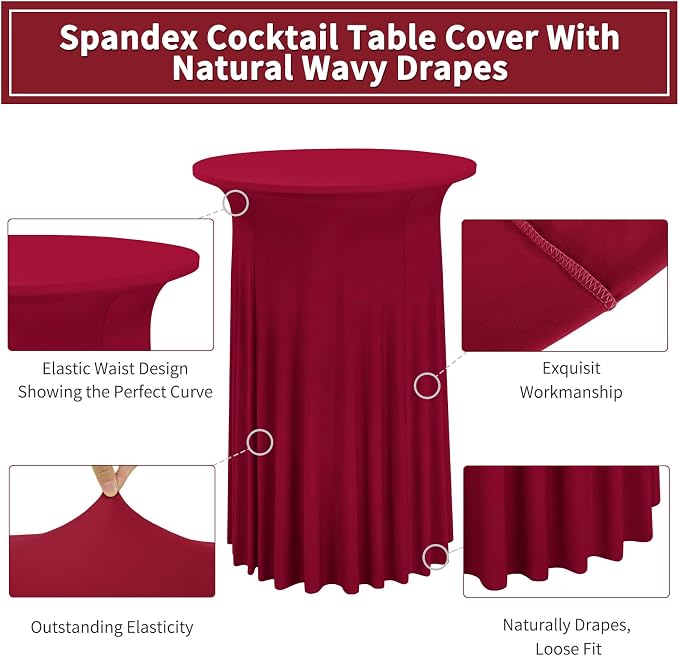 6 Packs Round Cocktail Table Skirt 32"x 43" Spandex Stretch Cocktail Tablecloth with Wavy Drapes, Wine Red Spandex Fitted High Top Table Covers for Wedding Bar Party Birthday Banquet Tables