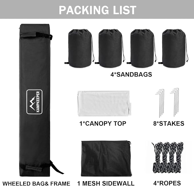 KAMPKEEPER 10x10 Pop-Up Canopy Tent, Waterproof Portable Shade with Screen Walls, Adjustable Instant Outdoor Shelter for Camping, Backyard, and Events, White