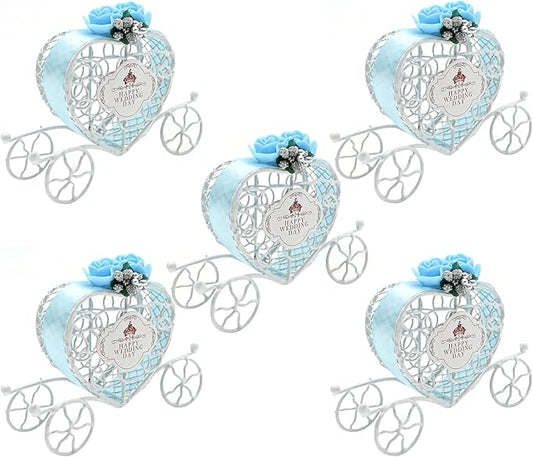 Saihisday 5Pcs Mini Pumpkin Carriage Heart Candy Holders, 12cm/4.72in Decorative Metal Treat Boxes, Ideal for Weddings Birthdays and Holiday Celebrations (Blue)