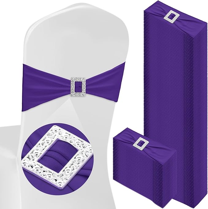 VitalCozy 100 Pcs Spandex Chair Sashes with Square Buckle Slider Stretch Chair Cover Band Universal Elastic Ties Straps Bows for Wedding Banquet Event Party Decoration(Dark Purple)