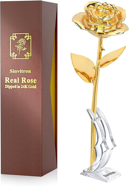 Sinvitron Gold Dipped Rose Real 24K Gold Rose, Hand Dipped One of a Kind Golden Roses, Romantic Gifts for Women on Valentines Day, Anniversary Mother’s Day (Golden)