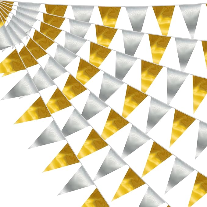 40M/130FT Gold Silver Triangle Pennant Banner Flag Metallic Fabric Bunting Garland for Christmas Wall Hanging,Graduation Decorations, New Years Decorations,Father' Da