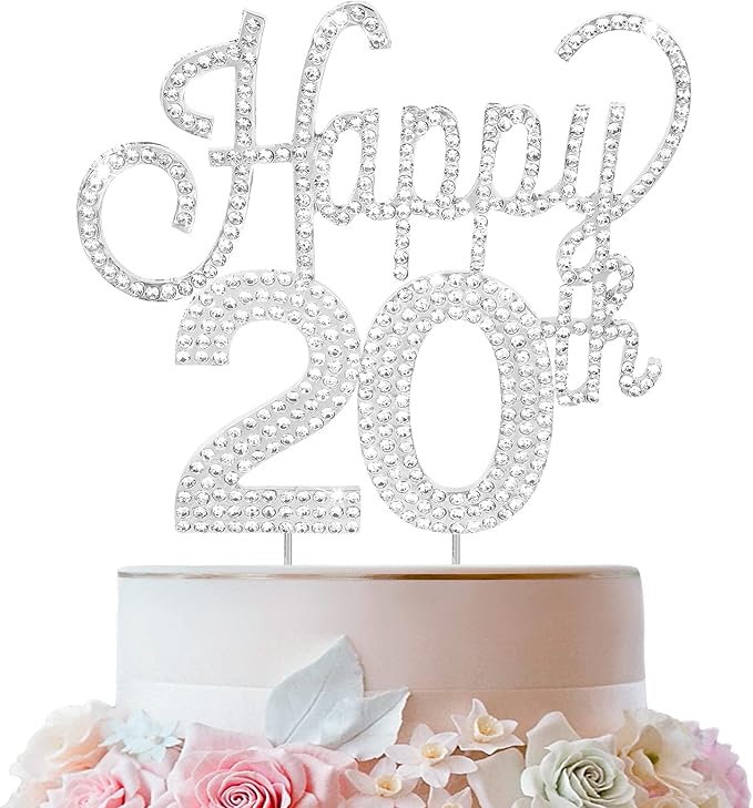 LINGTEER Happy 20th Birthday Silver Rhinestone Cake Topper - Cheers to 20th Birthday Twenty Years Old Party Cake Centerpieces Topper Decorations Gift Sign.