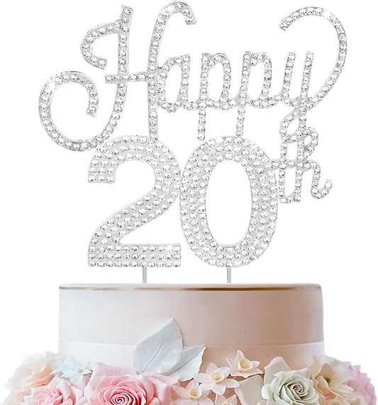 LINGTEER Happy 20th Birthday Silver Rhinestone Cake Topper - Cheers to 20th Birthday Twenty Years Old Party Cake Centerpieces Topper Decorations Gift Sign.