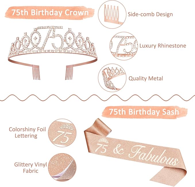 75th Birthday Decorations for Women Including Crown, Sash, Cake Topper, Candles and 12oz Wine Tumbler with Lid, 75th Birthday Gifts for Women