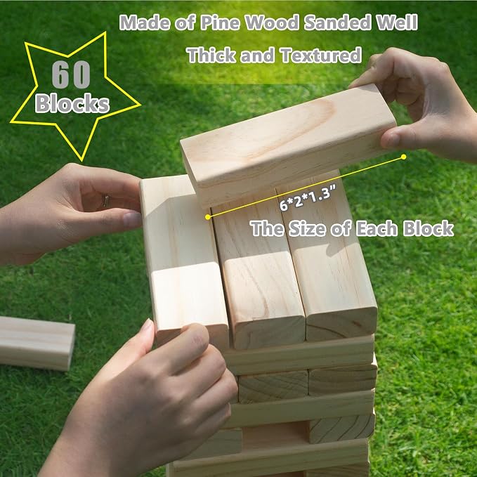 GOROCK Giant Tumble Tower Games，60 Pcs Wooden Block Up to 5FT Stacking Game with Dice Scoreboard and Carry Bag ，Christmas Birthday Gift for Family Outdoor Indoor Party Camping Beach Lawn Games