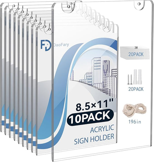 Daofary Acrylic Sign Holder 8.5 x 11 Wall Mount, 10 Pack Clear Acrylic Wall Picture Frame with Double-Side Tape, Document Paper Poster Display for Office, Store, Restaurant (Adhesive Tape, Screws & Hanging Rope Included)