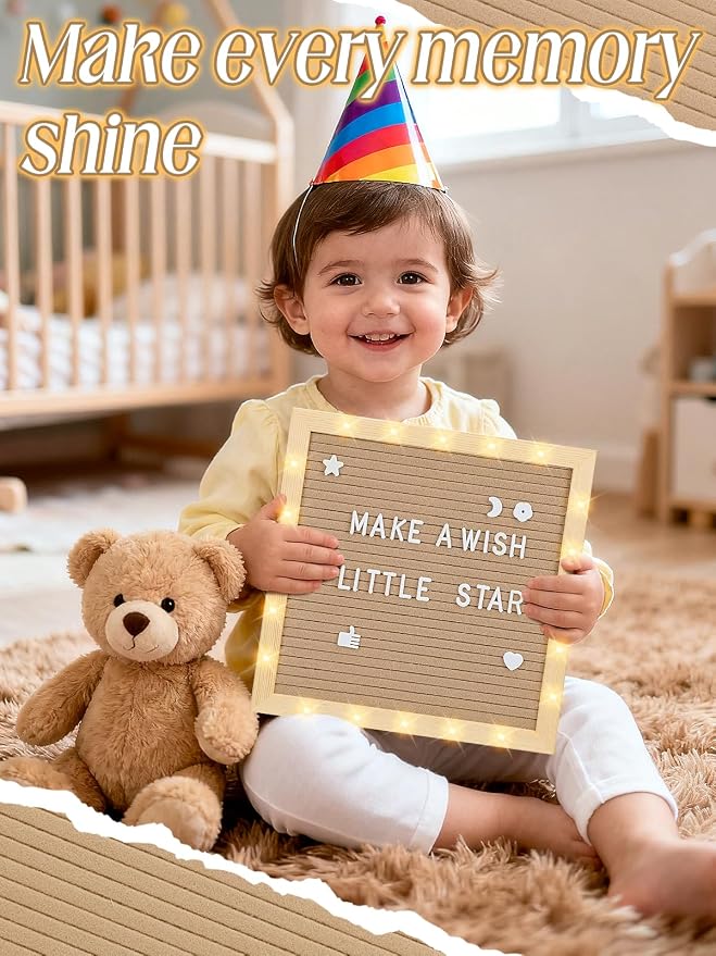 Changeable Felt Letter Board with LED Lights - 10×10" Message Custom Signs & Wood Stand& 450 Letters, Poster Board for Baby/Pregnancy Announcement/Classroom Wall Decor Gifts First Day of School, Camel