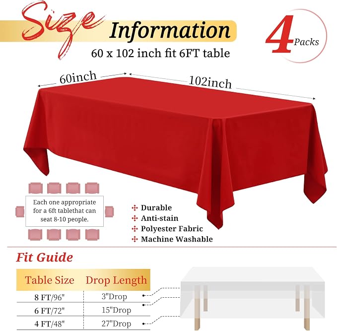 Showgeous 4 Pack Red Rectangle Tablecloth, 60 x 102 Inch, Wrinkle Resistant, Machine Washable Polyester Table Cover for Dining Table, Wedding, Parties