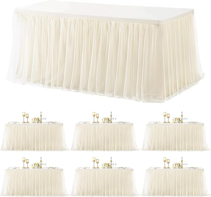 6 Pack Champagne Table Cloth for 6 Foot Rectangle Tables, Stretch Fitted Tulle Table Covers Skirt, Rectangular Ruffle Tutu Tablecloth Wedding Banquet Baby Shower Cake Tablecloths Decorations