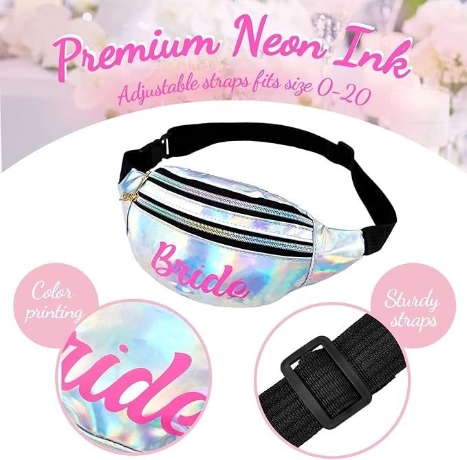 7 Pcs Bachelorette Party Fanny Pack Set Bride and Babe Pack Holographic Belt Laser Waist Bag with Adjustable Belt for Women Wedding Bridal Shower Party Favors