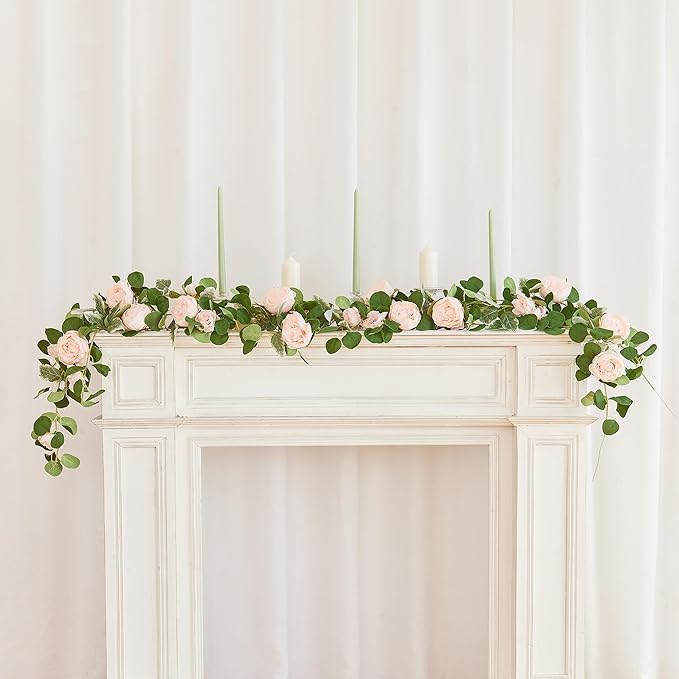 MISSPIN 2pcs Artificial Flowers Garland Spring Eucalyptus Garland Vintage Fake Flower Peony Rose Vine Greenery Decorative Wall Hanging Plant for Wedding Arch Door Arrangement Party Decor (Pink,2)