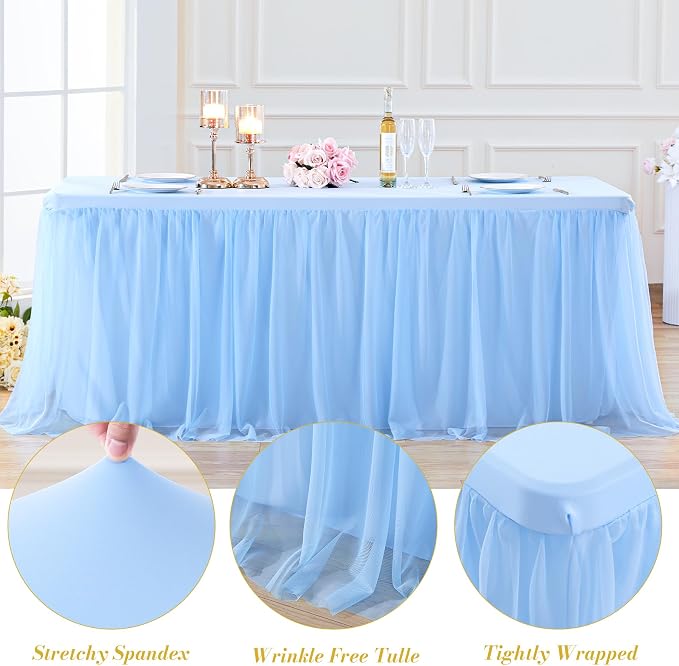 2 Pack Baby Blue Table Cloth for 6 Foot Rectangle Tables, Stretch Fitted Tulle Table Covers Skirt, Rectangular Ruffle Tutu Tablecloth Wedding Baby Shower Baby Shower Cake Tablecloths