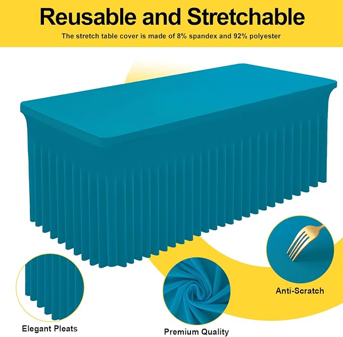 Smiry Spandex Tablecloth, Elastic Fitted Stretch Tablecloth for 8FT Rectangle Tables, Waterproof Washable Table Cover Skirt for Outdoor, Wedding, Banquet & Parties (Turquoise, 96Lx30Wx30H Inch)