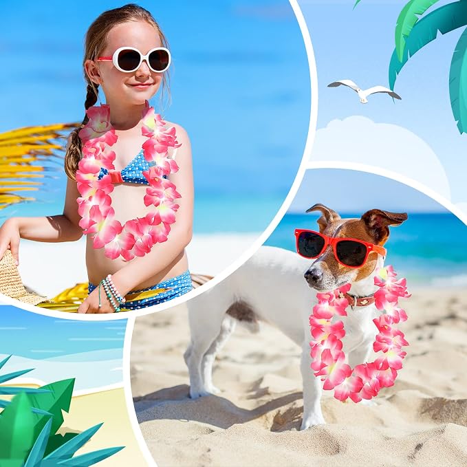 Sherr 48 Pcs LED Hawaiian Leis Light up Flower Leis Necklace with LED Lights Luau Flowers Necklaces for Masquerade Beach Wedding Tropical Themed Party Supplies(Pink)