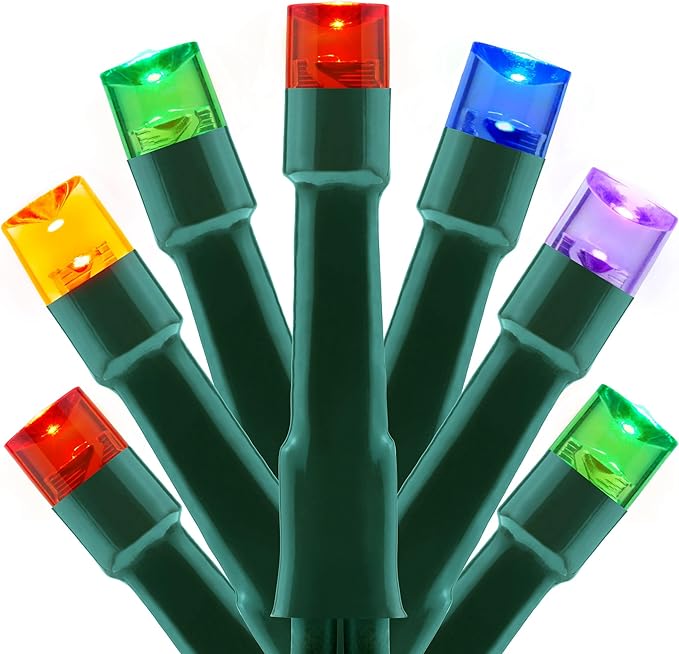 YULETIME 300 Multicolor String Lights, 100 ft 8 Models Green Wire 5mm LED | Wide Angle Bulbs, Safe 29V Adapter, Multimode Lighting, Connectable, 100' Total Length, 1-Strand 300 Lights, 4" Spacing