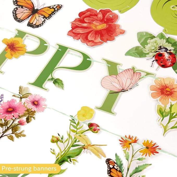 Flower Birthday Decorations, Garden Wildflower Party Decorations with Pre-strung Banners, Flower Themed Hanging Swirls, Birthday Decorations for Women Girl