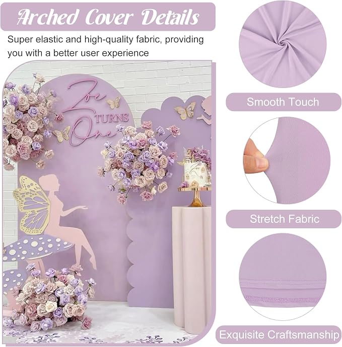 Metal Arch Stand and Cover Set,1 Light Purple Spandex Fitted Backdrop with 1 Gold Wedding Arched Stand Frame for Parties Birthday Baby Shower Bridal Banquet Decoration (6.6FT)