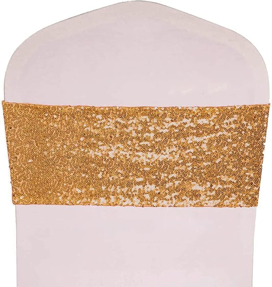 Pack of 10 Stretch Sequin Chair Sashes Chair Bands One-Sided Sequins Decor for Hotel Wedding Reception Events Party Chair Cover Decoration (Gold)