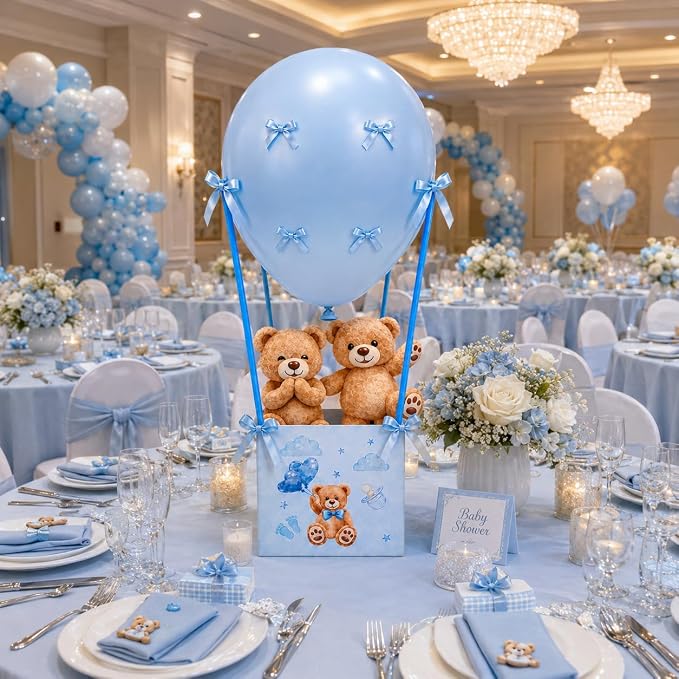 Cinrobiye 12 Sets Teddy Bear Baby Shower Centerpieces for Tables, Bear Favor Boxes with Balloons, Ribbons Paper Straws, DIY Table Decorations for Gender Reveal, Baby Shower, Birthday Party Supplies