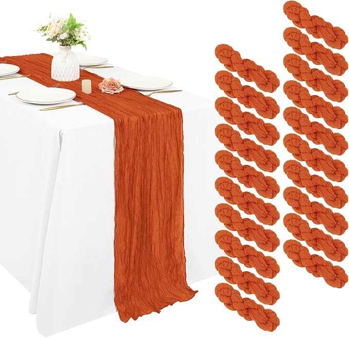 20 Pack Cheesecloth Table Runner 17 x 108 inch Long Boho Gauze Table Runners Semi Sheer Table Runner for Wedding Decor, Baby Shower, Birthday Party, Banquet (Orange)