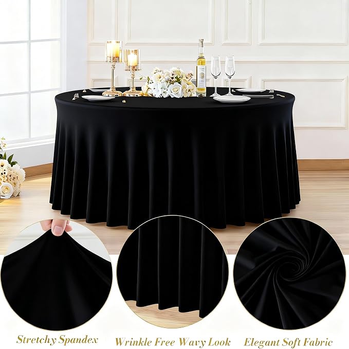10 Pack Black Round Spandex Tablecloths for 60in Tables, 120 Inch Stretch Fitted Table Skirts, Wrinkle-Free Washable Polyester Covers for Wedding, Banquet & Party