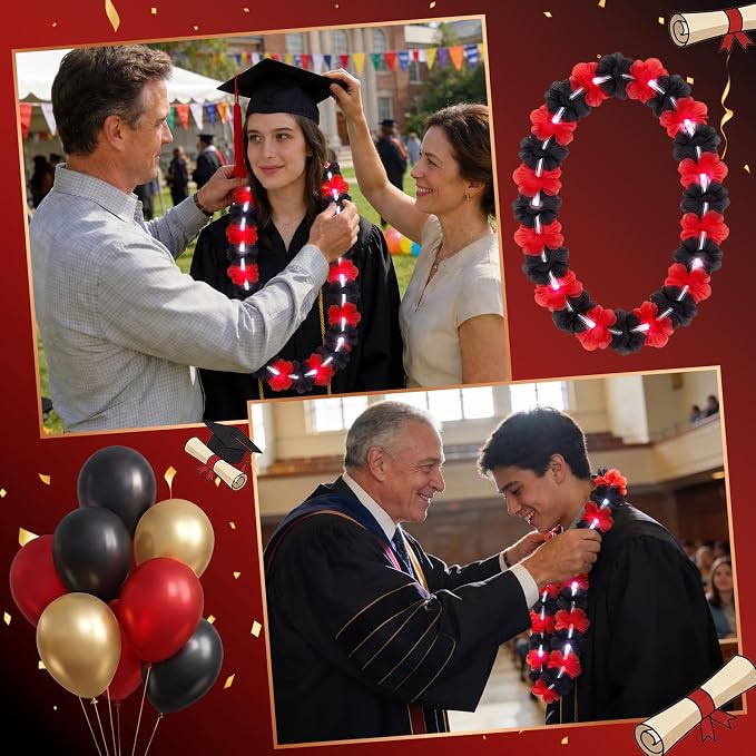 Sherr 48 Pcs Graduation LED Hawaiian Leis Class of 2026 Light Up Flower Leis Necklace with LED Lights Black Red Luau Flowers Necklaces for Graduation Party Decoration Supplies