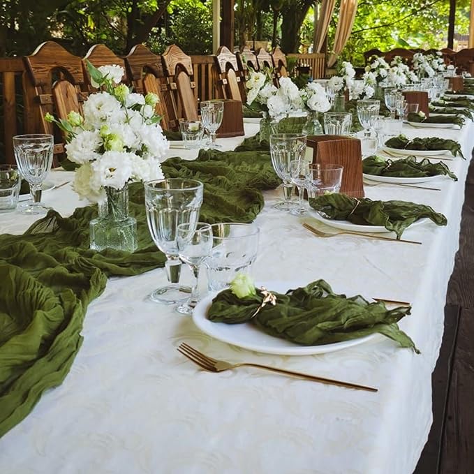 10 Pack Olive Green Cheesecloth Table Runner 17x108 Inch Semi Sheer Boho Rustic Gauze Cheese Cloth Table Runners for Wedding Party Birthday Baby Shower Home Décor