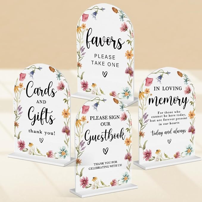 4 Pcs Acrylic Wedding Signs for Reception, Bridal Shower Decorations, Cards and Gifts Signs, Guest Book Sign, Arch Acrylic Table Top Sign with Holder for Wedding Reception (White Wildflowers)