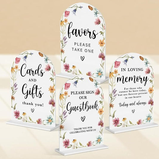 4 Pcs Acrylic Wedding Signs for Reception, Bridal Shower Decorations, Cards and Gifts Signs, Guest Book Sign, Arch Acrylic Table Top Sign with Holder for Wedding Reception (White Wildflowers)