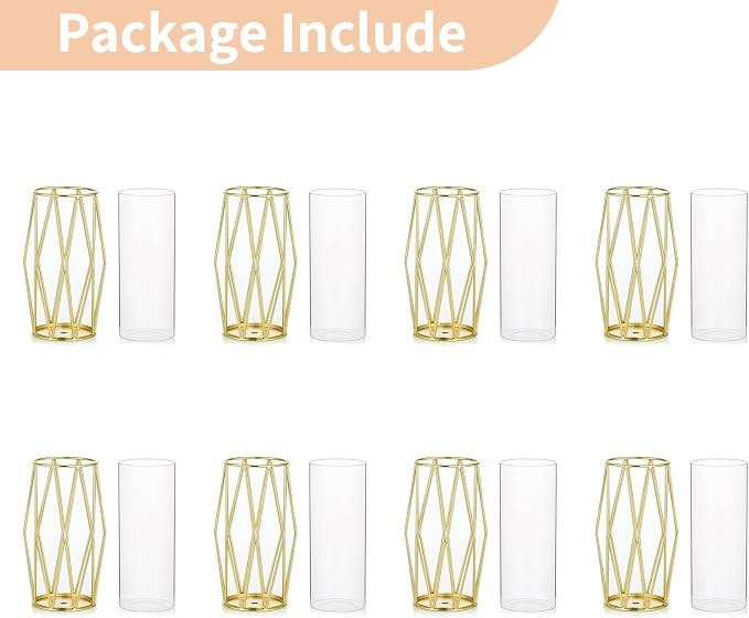NUPTIO Gold Geometric Hurricane Candle Holders Bulk, Set of 8 | 8 Matching Diamond Frames, Clear Glass Cylinder Vases, for Flowers, Pillar Candles, Wedding Table Centerpieces