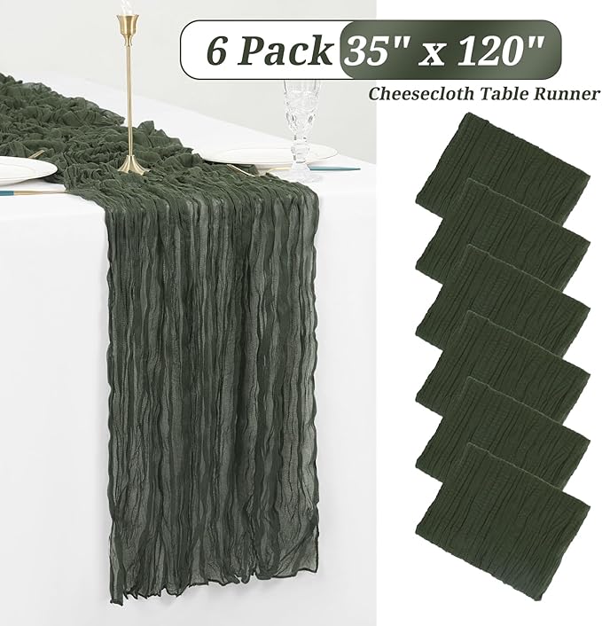 Showgeous 6 Pack Deep Green Cheesecloth Table Runner Gauze Table Runner 10FT Long Semi-Sheer Table Runner Boho or Rustic Wedding Table Decor for Wedding Decor Arch Draping Bridal Shower Holiday Party