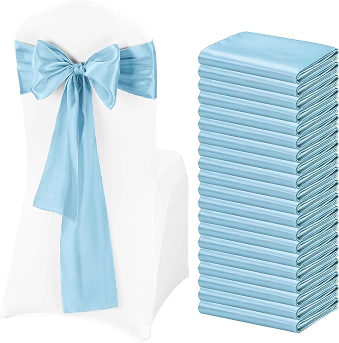 Pesonlook 60 PCS Light Blue Satin Chair Sashes Bows Satin Chair Sashes Universal Chair Cover for Wedding Reception Restaurant Event Decoration Banquet,Party,Hotel Event Decorations (7 x 108 inch)