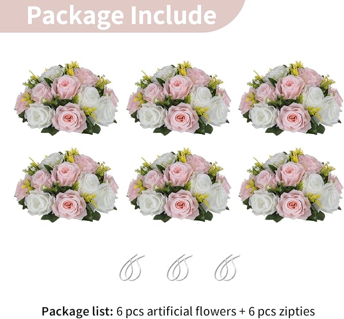 NUPTIO Flower Ball Centerpieces for Tables: 6 Pcs Artificial Pink & White Rose Arrangements for Wedding Centerpiece - Faux Silk Floral Kissing Balls for Home Gender Reveal Party Mother's Day Decor