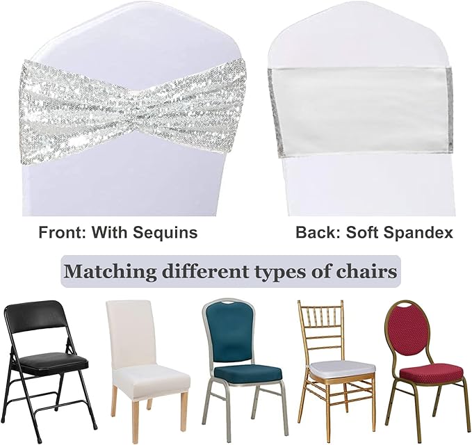 SquarPie Pack of 10 Chair Sashes Bands Silver Stretch Spandex One-Sided Sequin Bows for Wedding Party Fiesta Decor