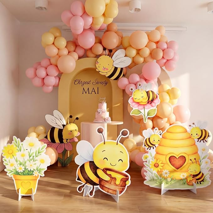 Honoson 4 Pcs 22.8" x 23.6" Large Bee Baby Shower Decorations Cardboard Cutouts, a Little Honey is on The Way Bee Theme Backdrop Daisy Sunflower Yard Signs for Birthday Party Supplies Photo Prop
